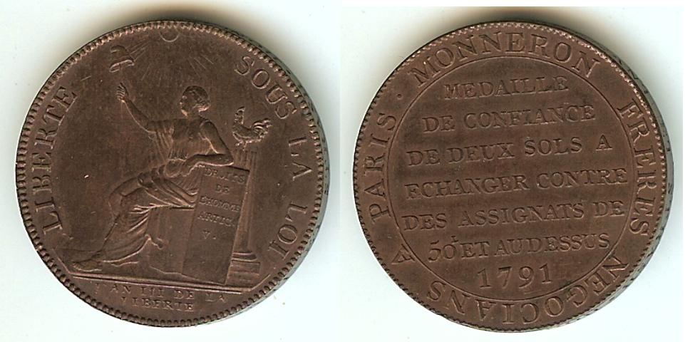 Revolution coinage 2 sols 1791 AU